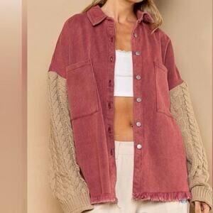 POL Knit Sleeve Shacket Overshirt Jacket Shirt Cable Knit Sleeves L Pink